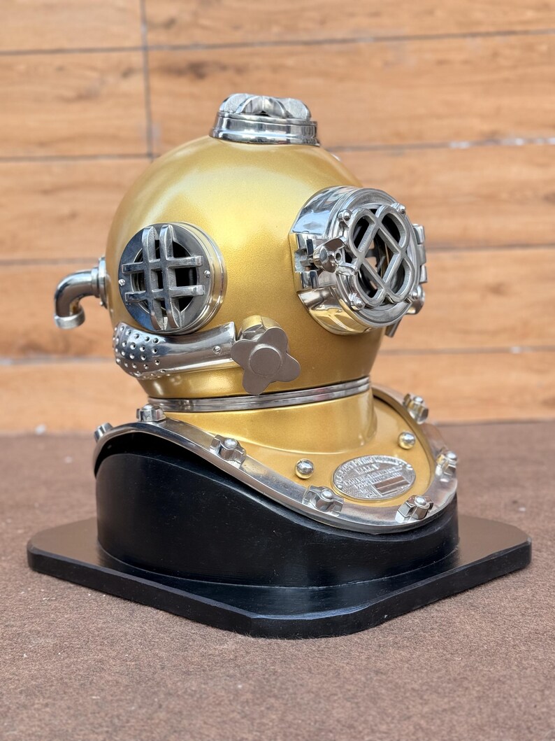 Diving Helmet with Mustard Finish and Chrome Nickel Highlights view 4