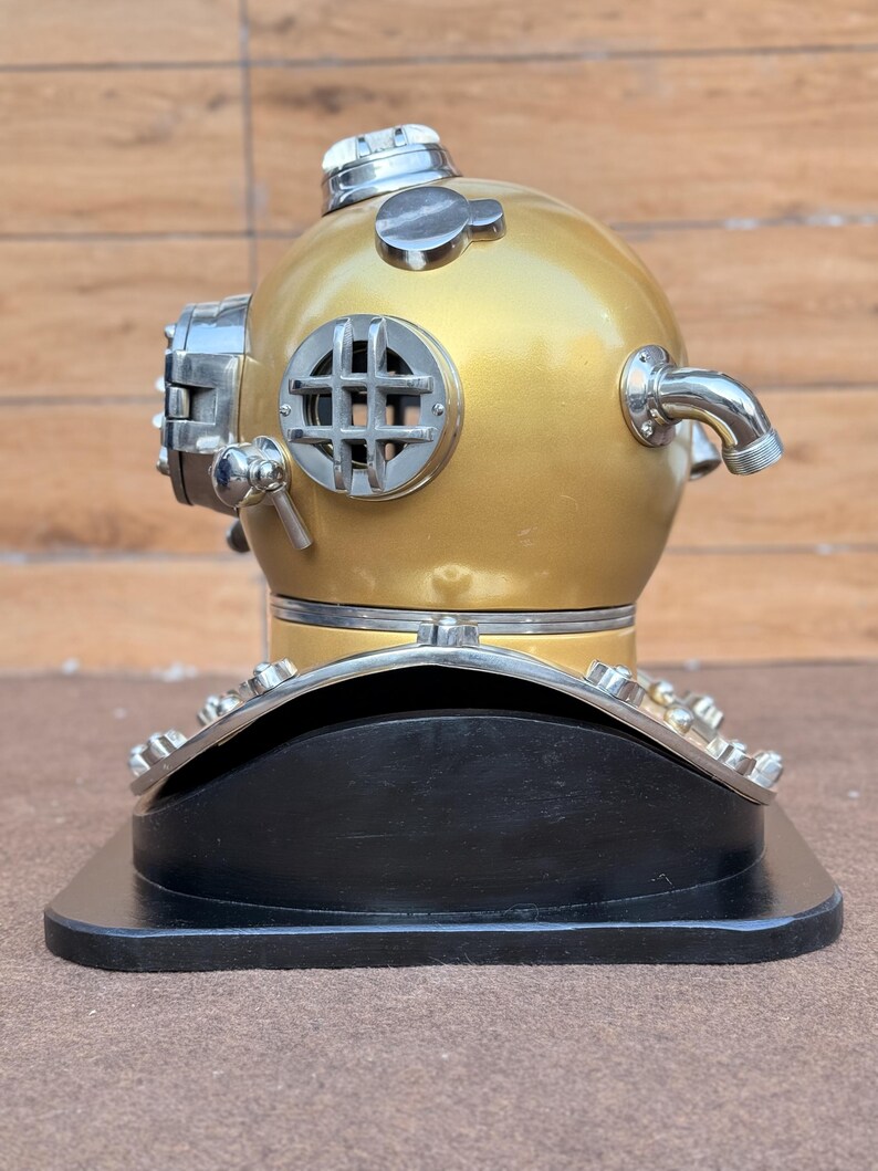 Diving Helmet with Mustard Finish and Chrome Nickel Highlights view 6