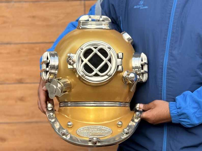 Diving Helmet with Mustard Finish and Chrome Nickel Highlights view 9