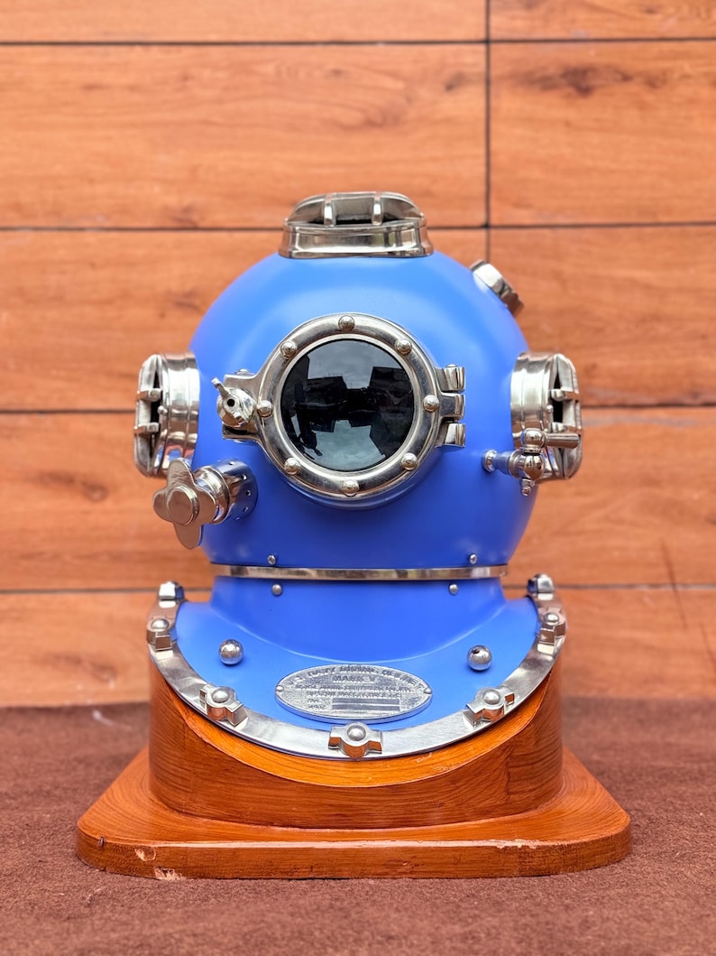 Mark V Diving Helmet with Blue Finish and Light Brown Base view 2