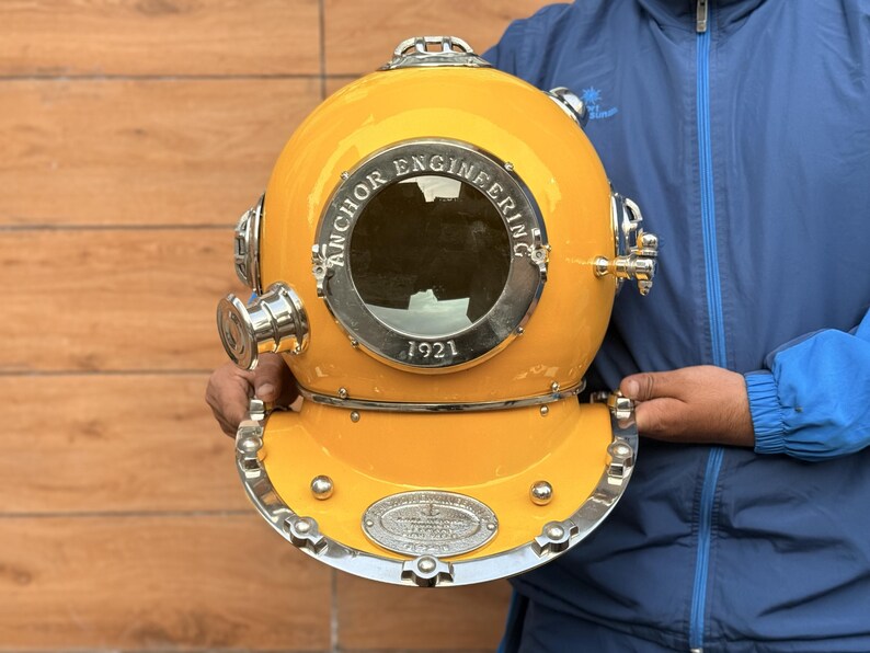 Deep Sea Diving Helmet with Yellow Finish and Black Wooden Base view 2