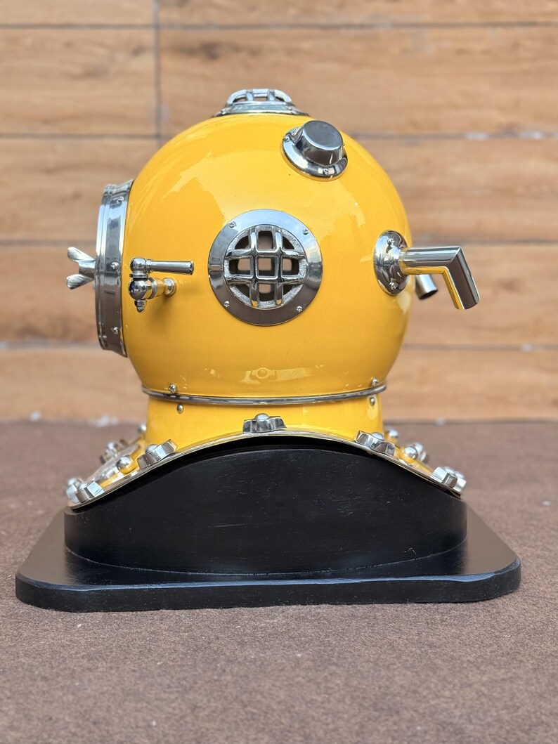 Deep Sea Diving Helmet with Yellow Finish and Black Wooden Base view 6