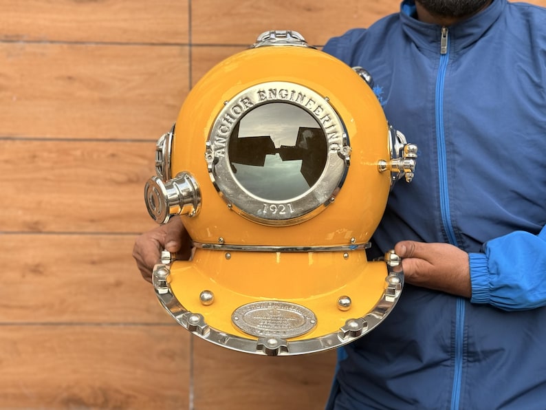 Deep Sea Diving Helmet with Yellow Finish and Black Wooden Base view 9
