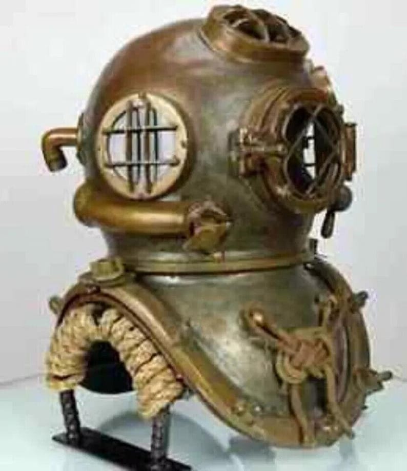 Mark V Diving Helmet with Greenish Patina Antique Finish and Metal Stand view 4