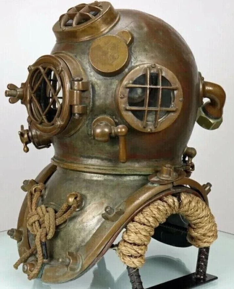 Mark V Diving Helmet with Greenish Patina Antique Finish and Metal Stand view 5
