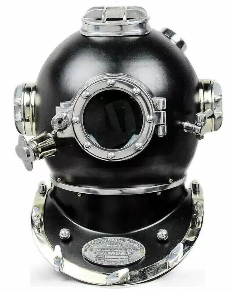 Full-Size Black Diving Helmet with Nickel Plated Highlights view 4