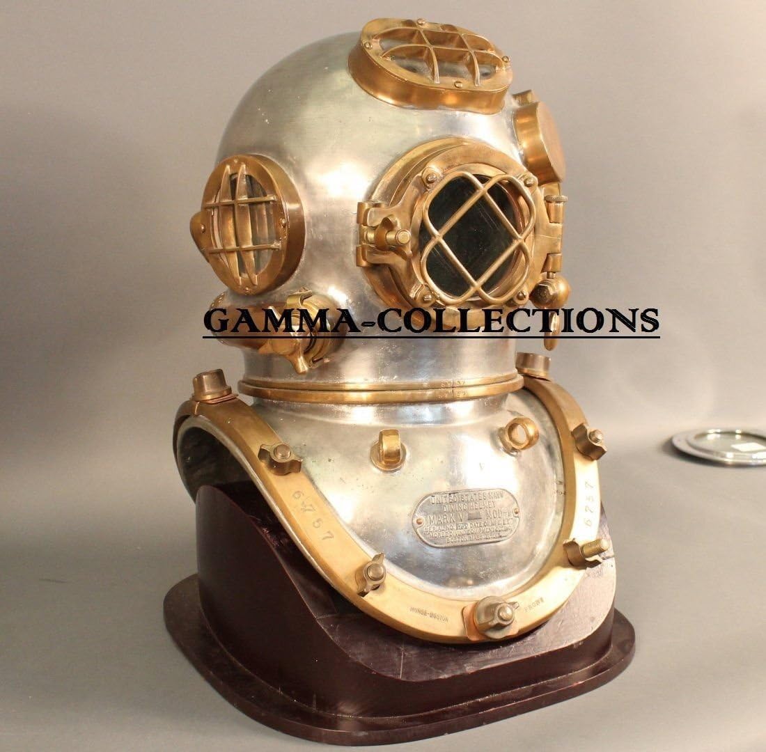 Vintage Diving Helmet with Silverish Cream Finish and Dark Brown Base view 2
