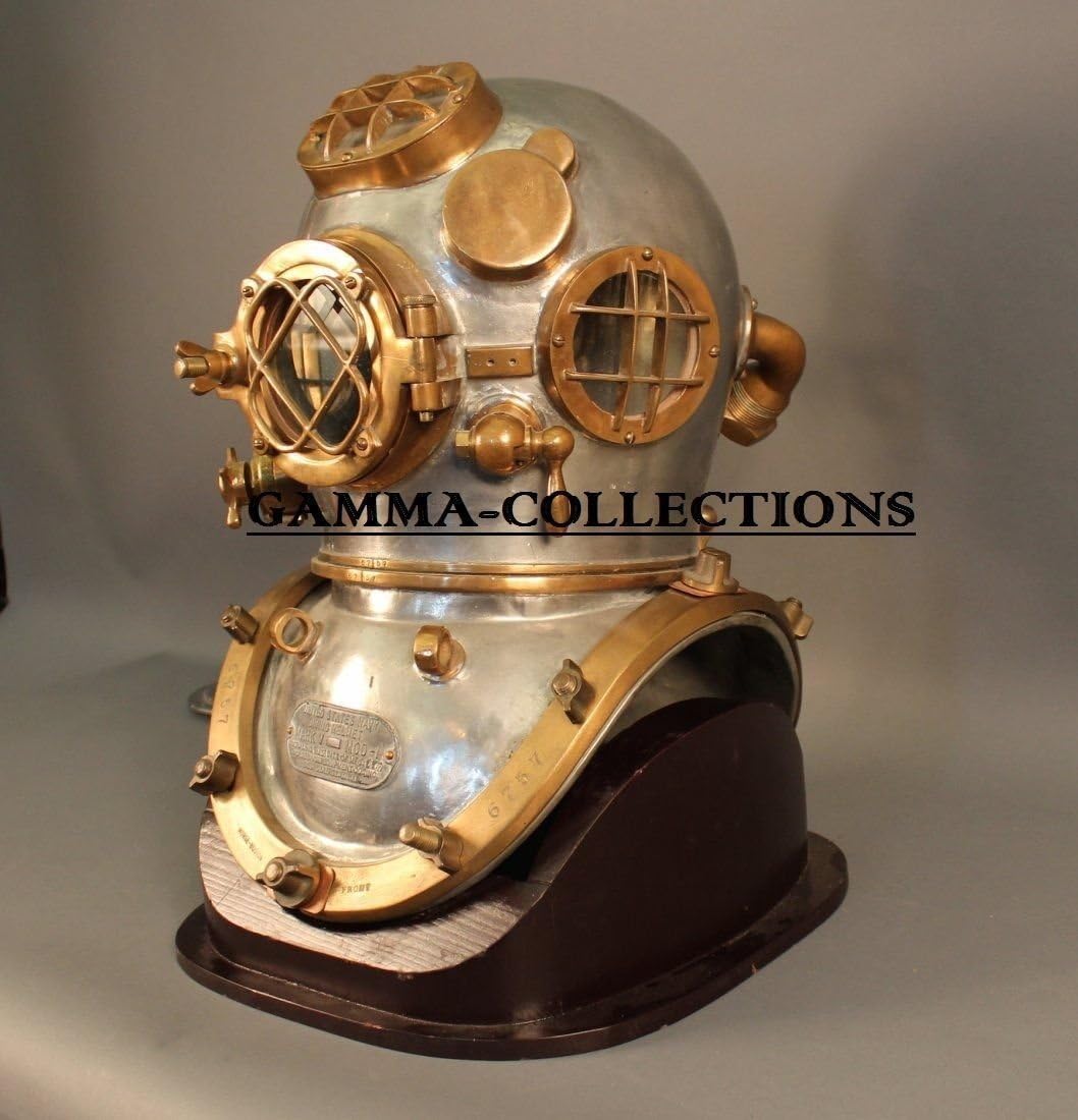 Vintage Diving Helmet with Silverish Cream Finish and Dark Brown Base view 4