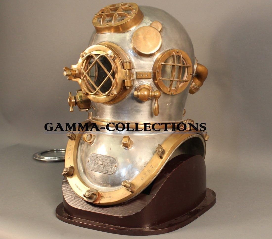 Vintage Diving Helmet with Silverish Cream Finish and Dark Brown Base view 5