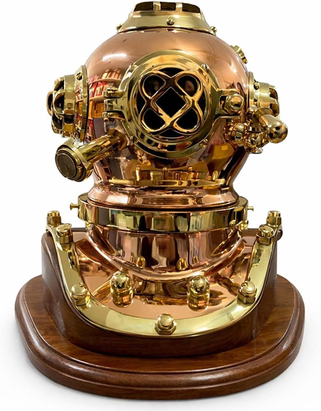 Brass and Copper Diving Helmet with Rosewood Base view 2