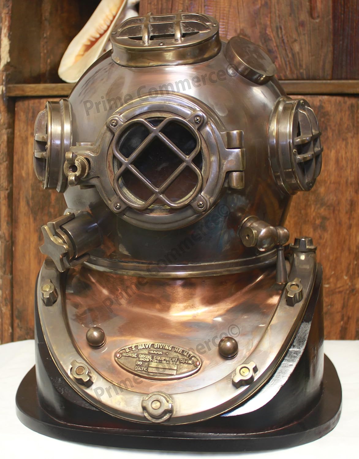 Copper Diving Helmet with Brown Antique Finish and Dark Brown Wooden Base view 2