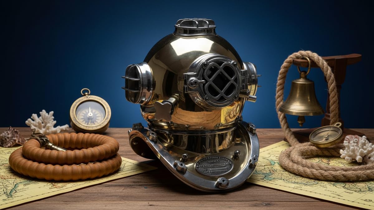 Diving Helmet with Goldenish Mustard Finish and Nickel Highlights view 2