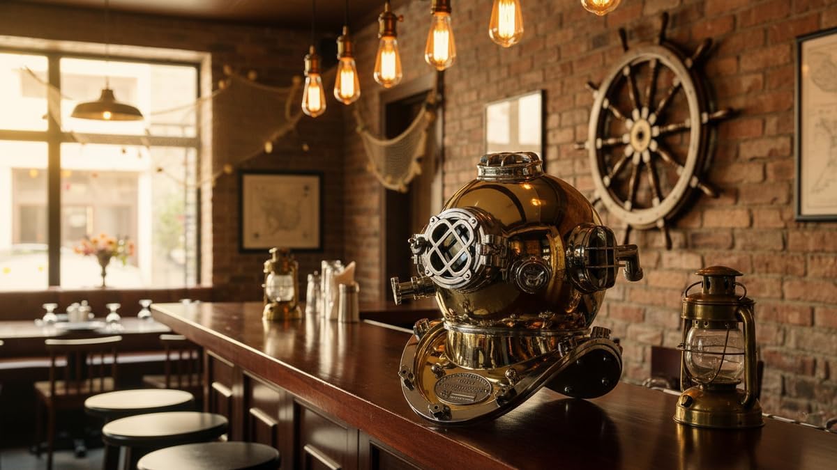 Diving Helmet with Goldenish Mustard Finish and Nickel Highlights view 3