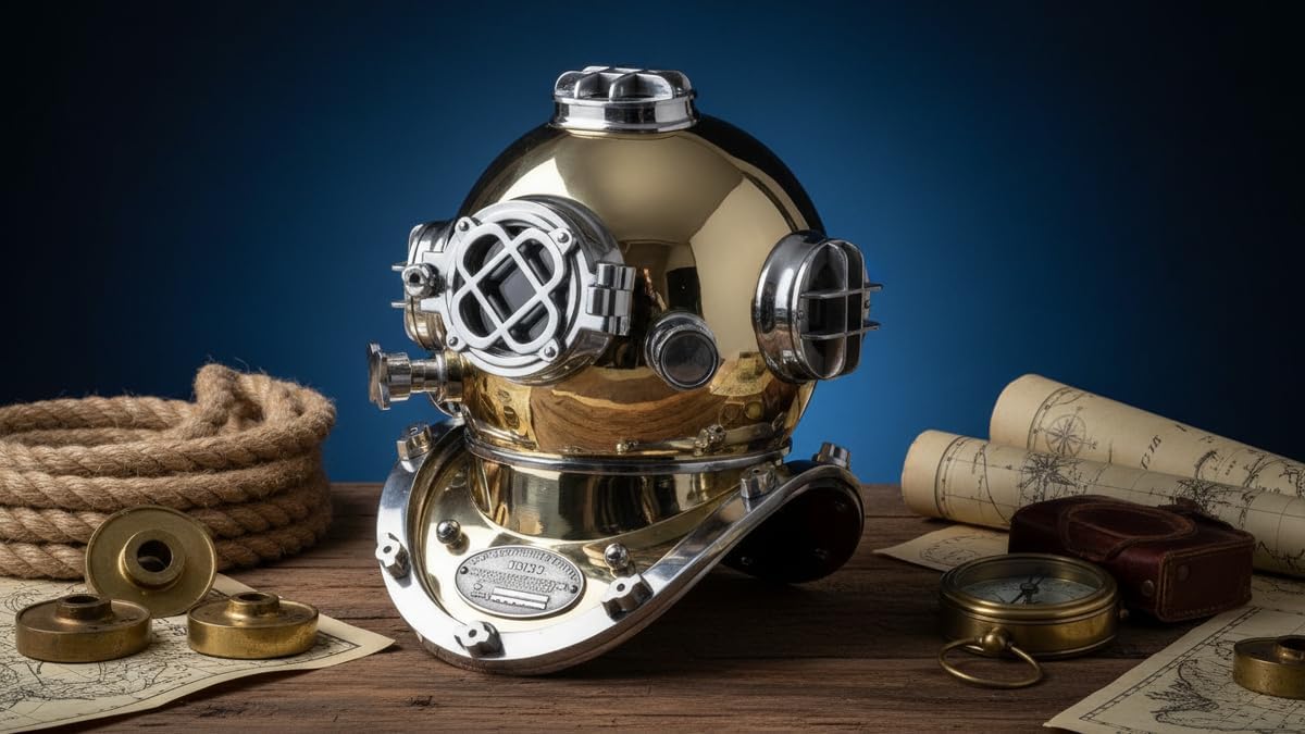 Diving Helmet with Goldenish Mustard Finish and Nickel Highlights view 6