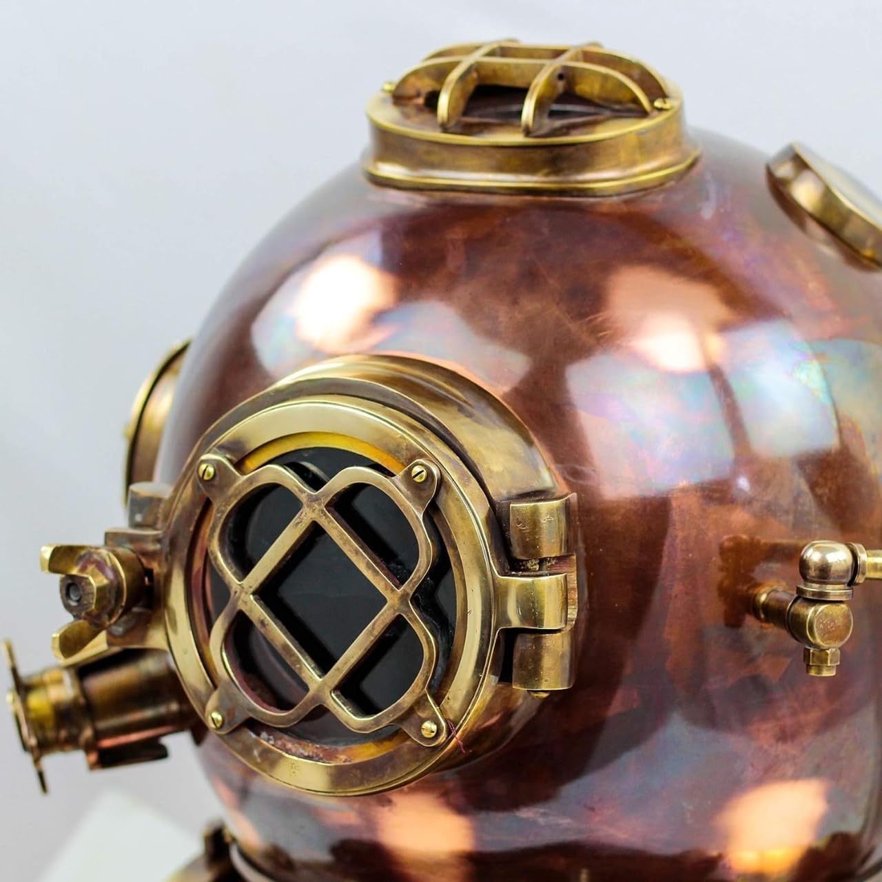 Reddish Copper Diving Helmet with Antique Finish and Black Wooden Base view 2