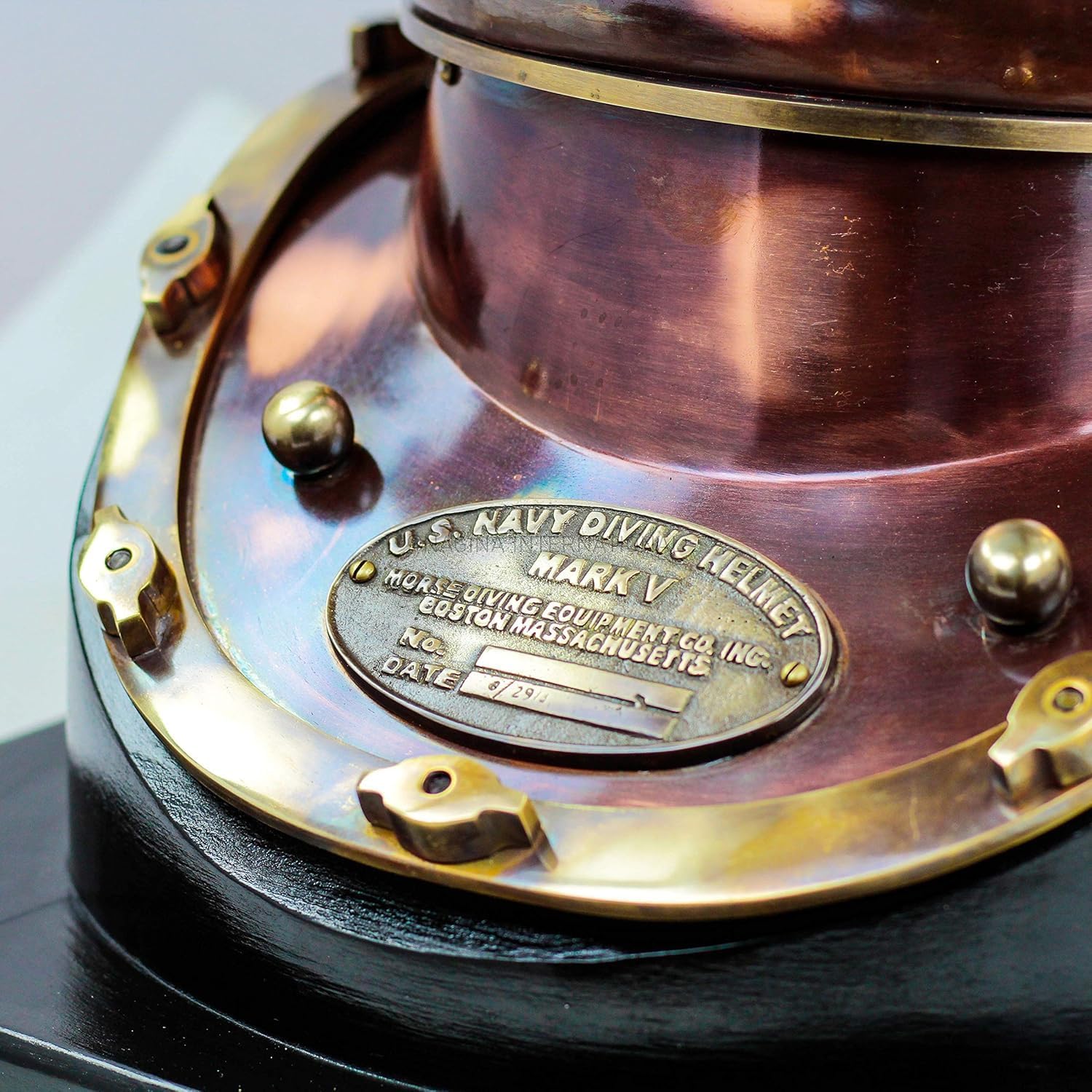Reddish Copper Diving Helmet with Antique Finish and Black Wooden Base view 5