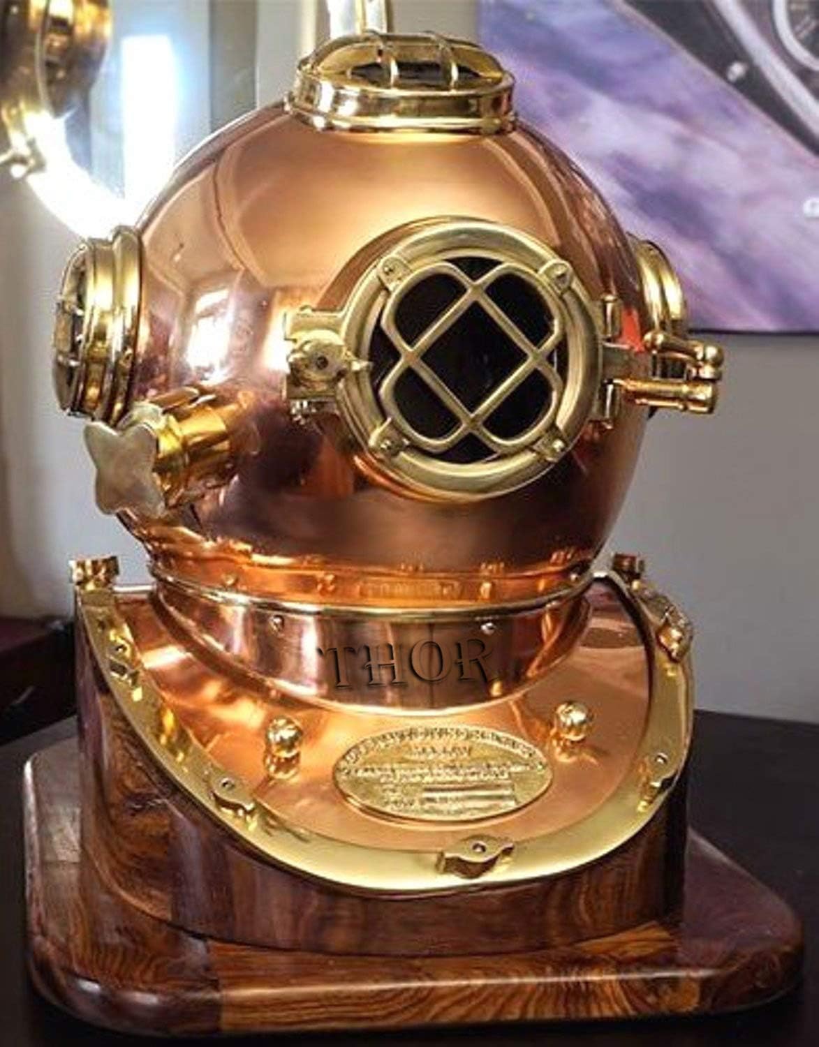 Copper Brass Diving Helmet with Polished Copper Finish and Rosewood Base view 2