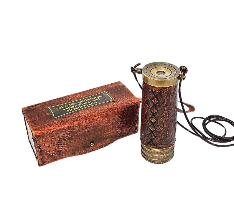 Miniature Brass Kaleidoscope with Leather Carry Case view 2