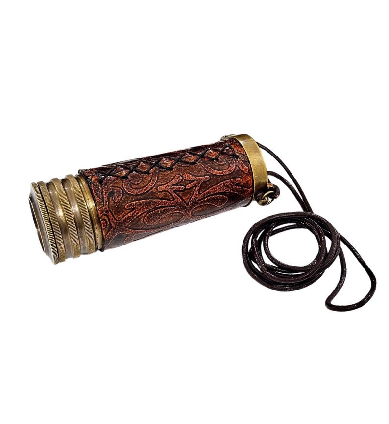Miniature Brass Kaleidoscope with Leather Carry Case view 6