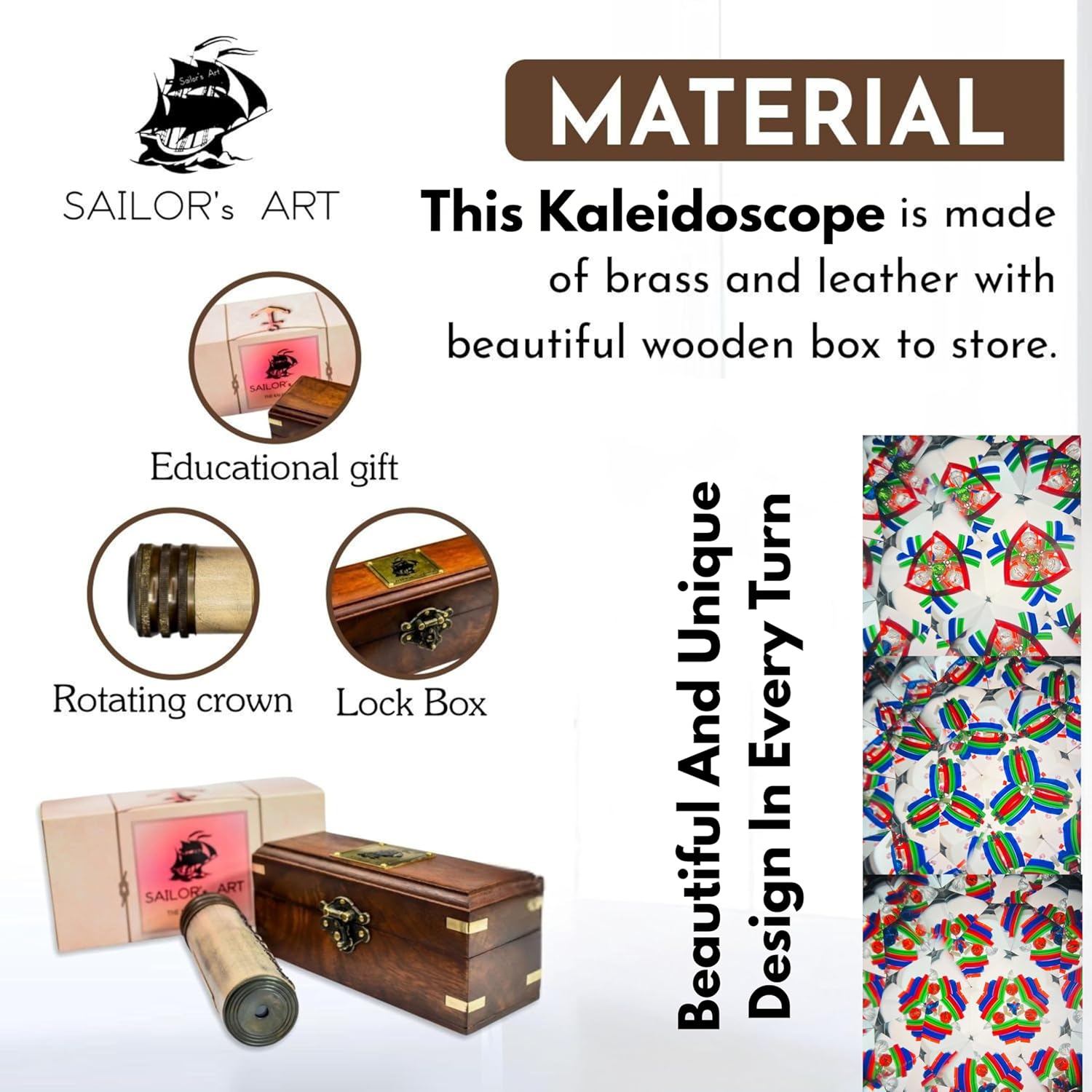Solid Brass Kaleidoscope with Wooden Storage Box view 4