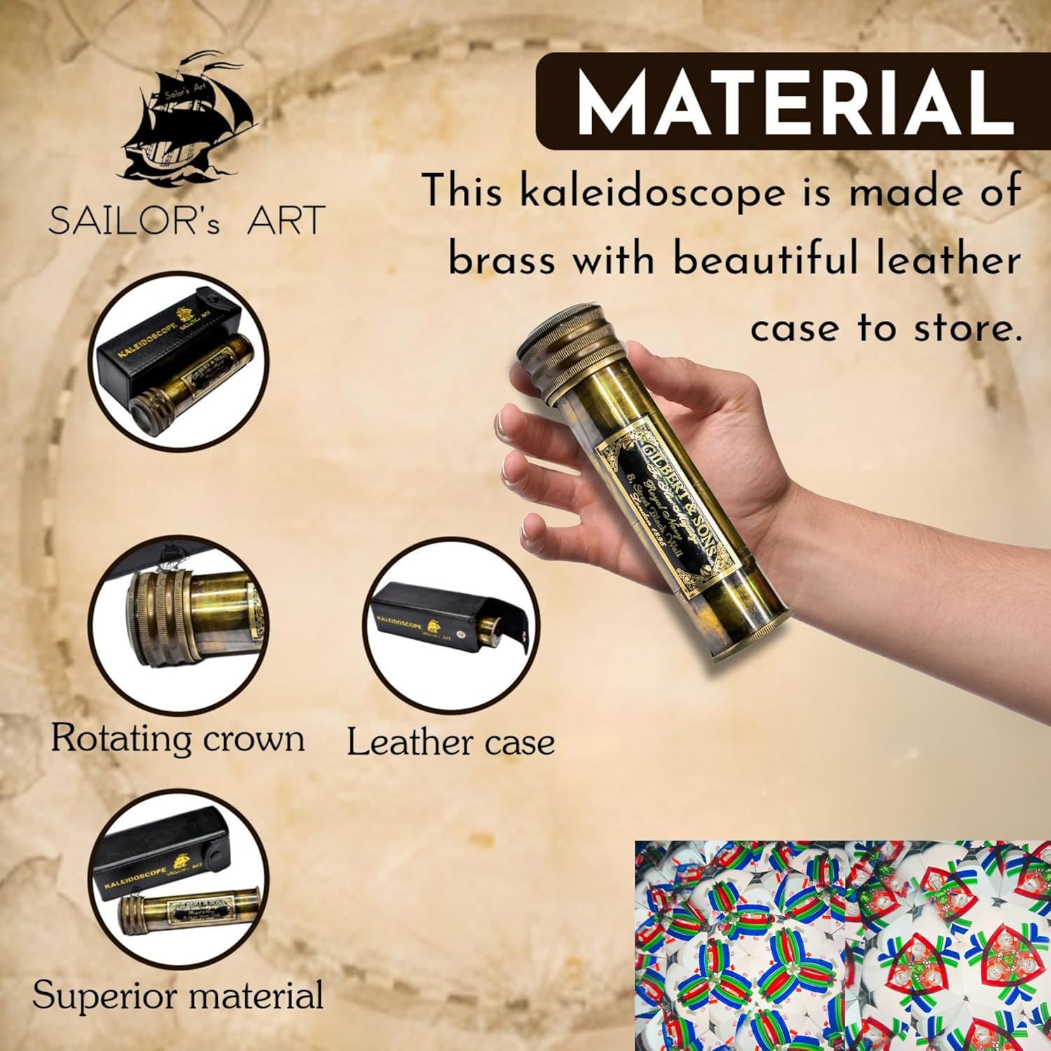 Solid Brass Kaleidoscope with Engraved Detail and Leather Case view 3