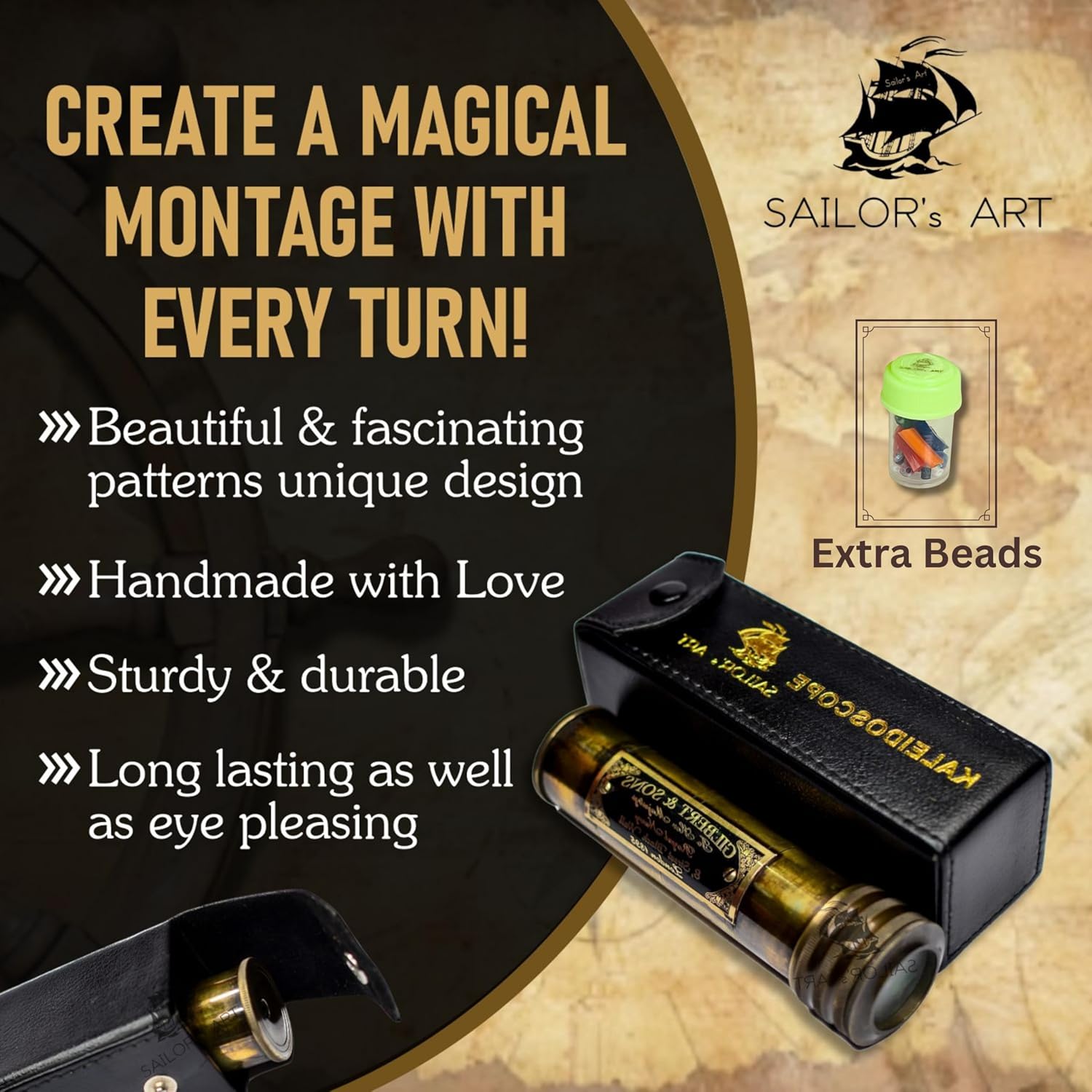 Solid Brass Kaleidoscope with Engraved Detail and Leather Case view 4