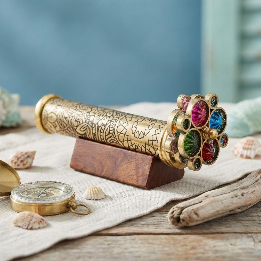 Lacquered Etched Brass Kaleidoscope with Two Turning Wheels view 9