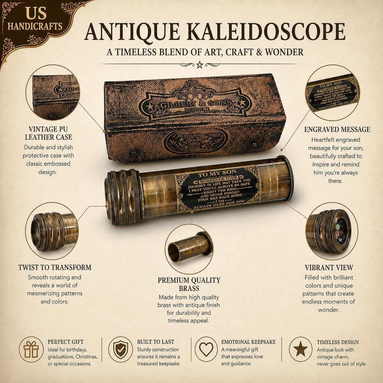 Handcrafted Brass Kaleidoscope with Leather Case view 5