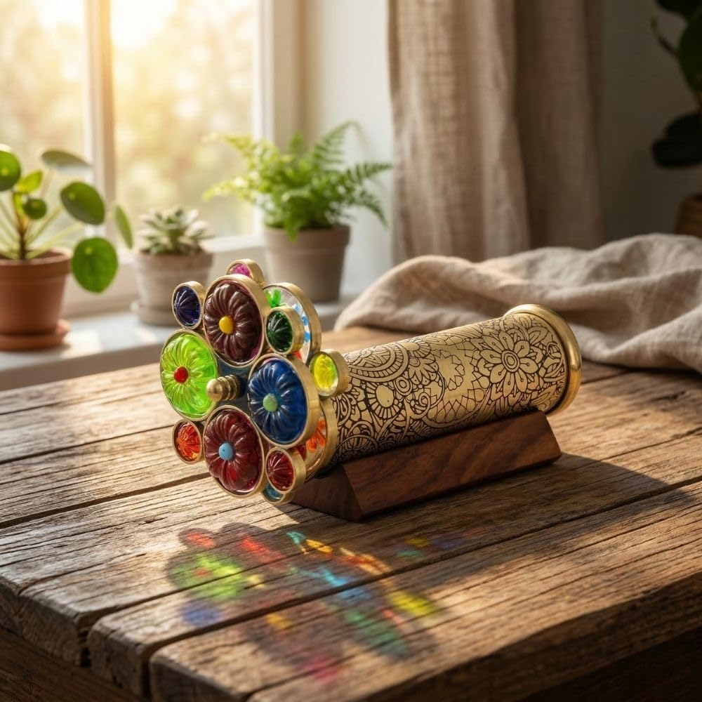 Lacquered Brass Kaleidoscope with Floral Turning Wheels view 5