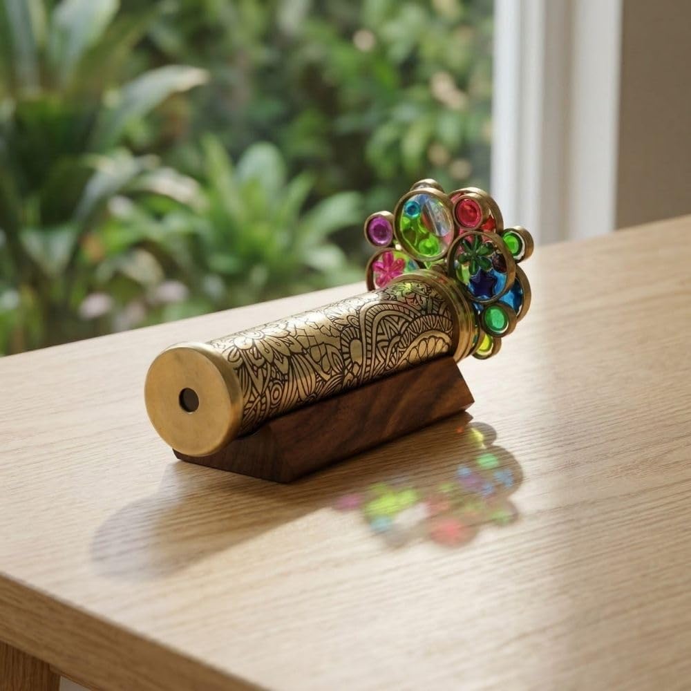 Etched Floral Brass Kaleidoscope with Dual Turning Wheels view 7