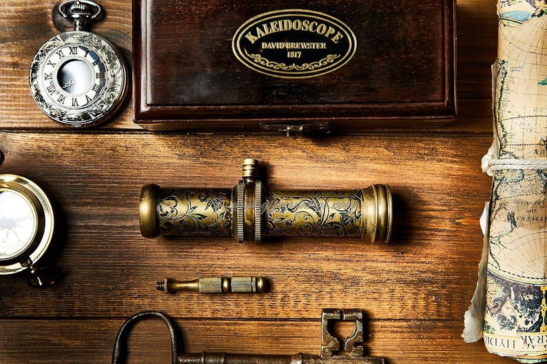 Vintage Brass Kaleidoscope with Wooden Display Stand view 2
