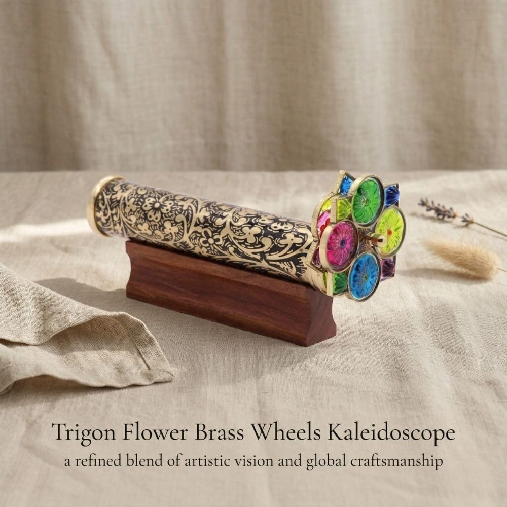 Giant Trigon Etched Brass Kaleidoscope with Hardwood Base view 4