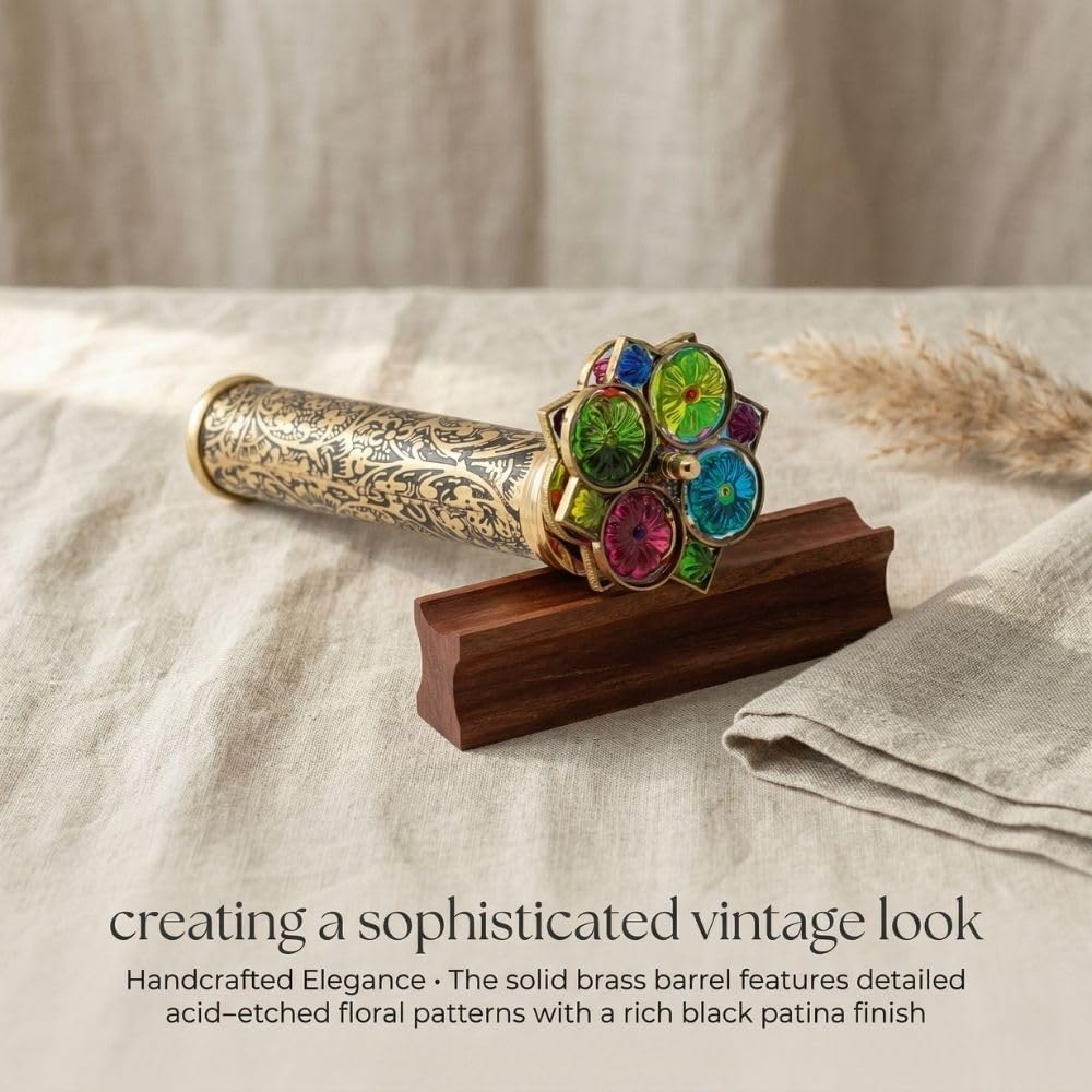 Giant Trigon Etched Brass Kaleidoscope with Hardwood Base view 6