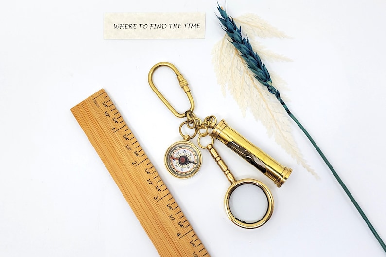 Brass Compass, Magnifier and Hourglass Keychain Set view 2