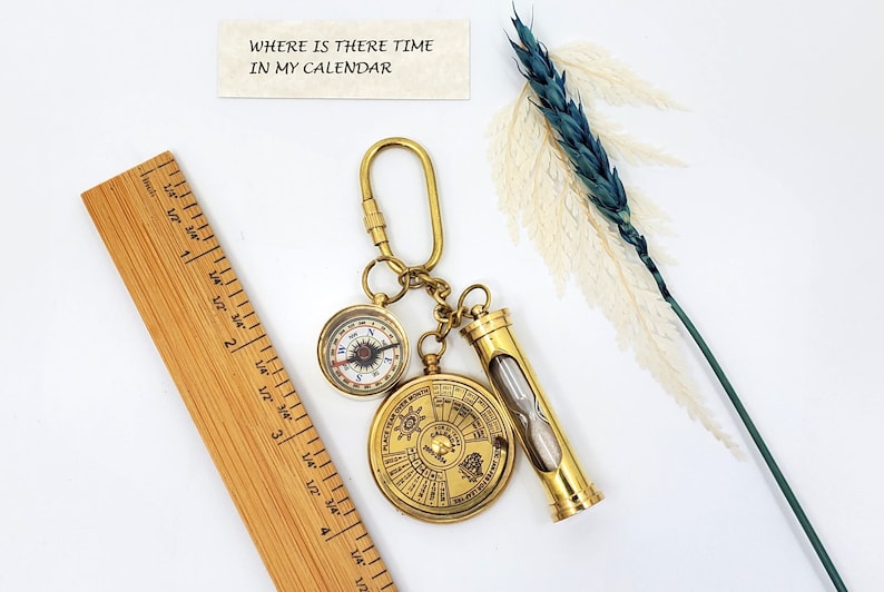 Brass Compass, Magnifier and Hourglass Keychain Set view 3