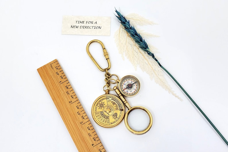 Brass Compass, Magnifier and Hourglass Keychain Set view 4