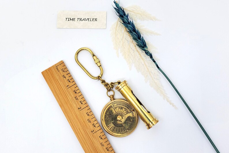 Brass Compass, Magnifier and Hourglass Keychain Set view 5