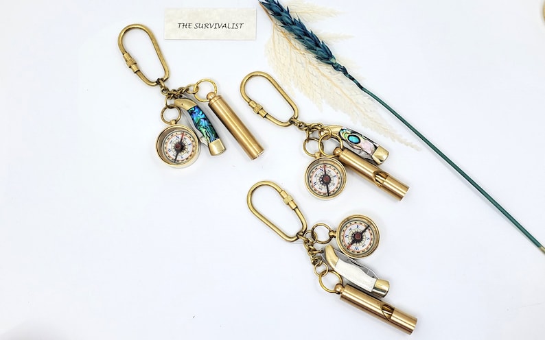 Brass Compass, Whistle and Hourglass Keychain Set view 9