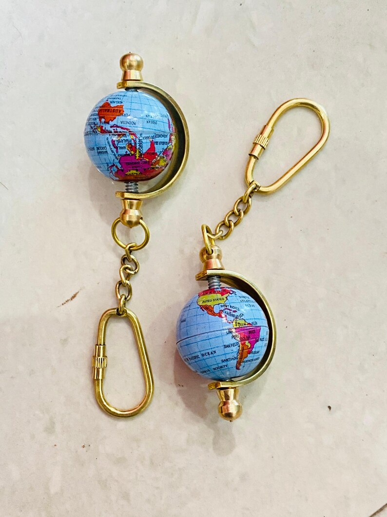 Spinning Globe Brass World Map Keychain view 3