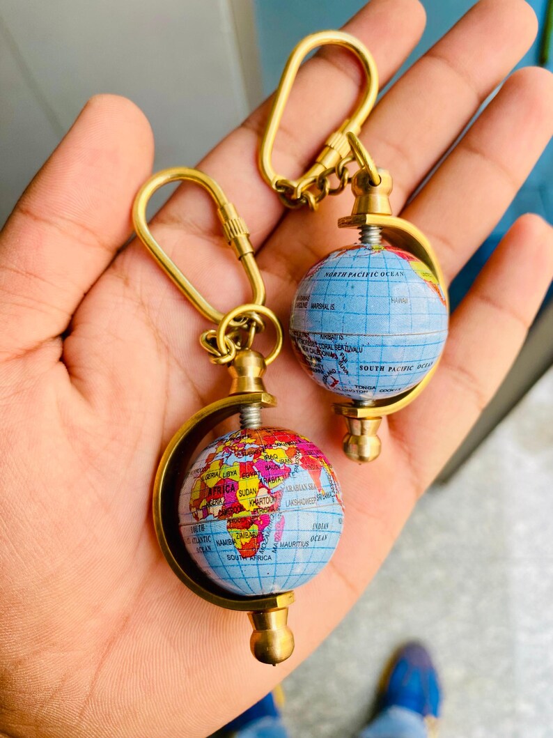 Spinning Globe Brass World Map Keychain view 5