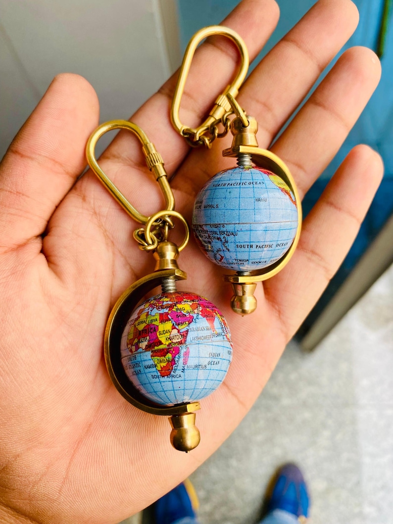 Spinning Globe Brass World Map Keychain view 9