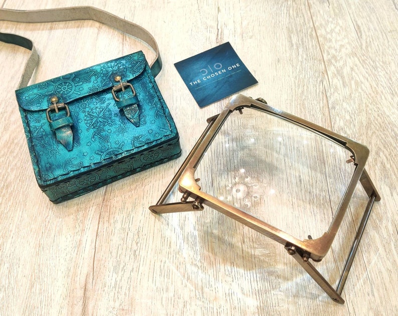 All-Brass Foldable Rectangular Magnifier 4" with Engraved Green Leather Case view 3