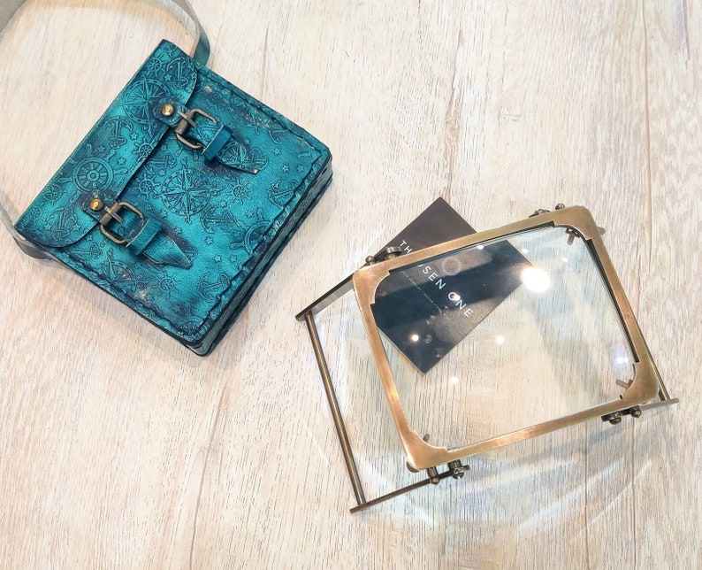 All-Brass Foldable Rectangular Magnifier 4" with Engraved Green Leather Case view 8
