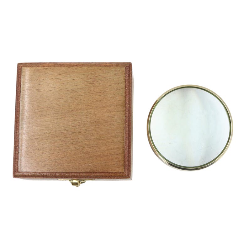 Vintage Brass Desk Dome Magnifier 3" with Wooden Rectangular Box view 2