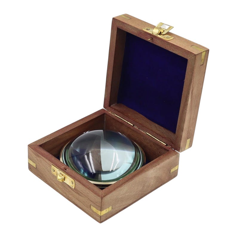 Vintage Brass Desk Dome Magnifier 3" with Wooden Rectangular Box view 5