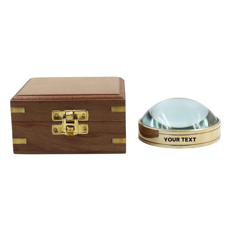 Vintage Brass Desk Dome Magnifier 3" with Wooden Rectangular Box view 7