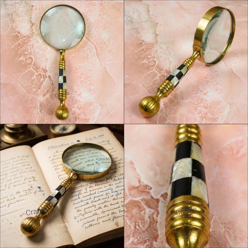 All-Brass Handheld Magnifier 3.5" with Mother of Pearl Inlay and Chess Design Handle view 3