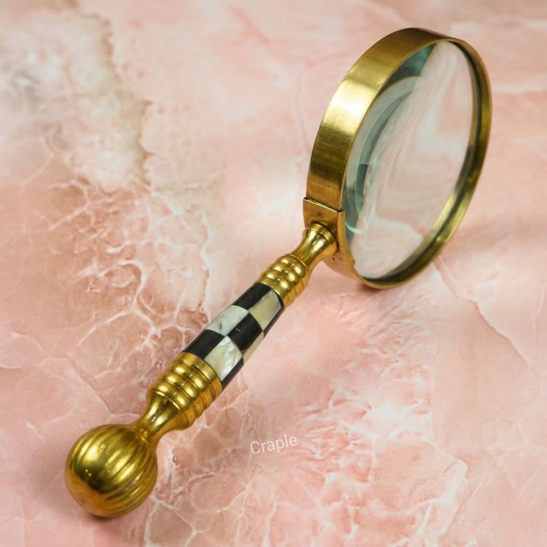 All-Brass Handheld Magnifier 3.5" with Mother of Pearl Inlay and Chess Design Handle view 6