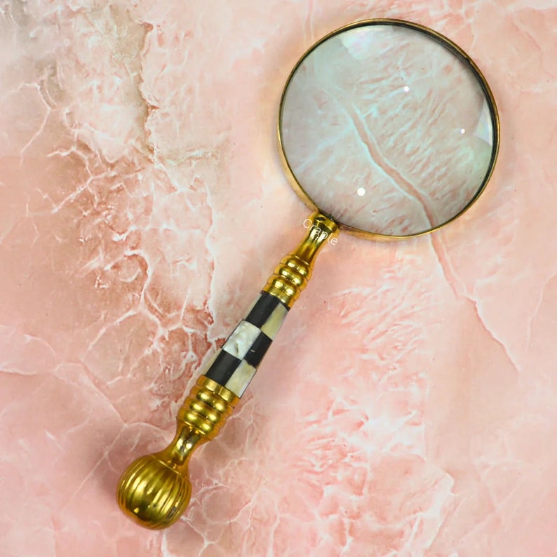 All-Brass Handheld Magnifier 3.5" with Mother of Pearl Inlay and Chess Design Handle view 12