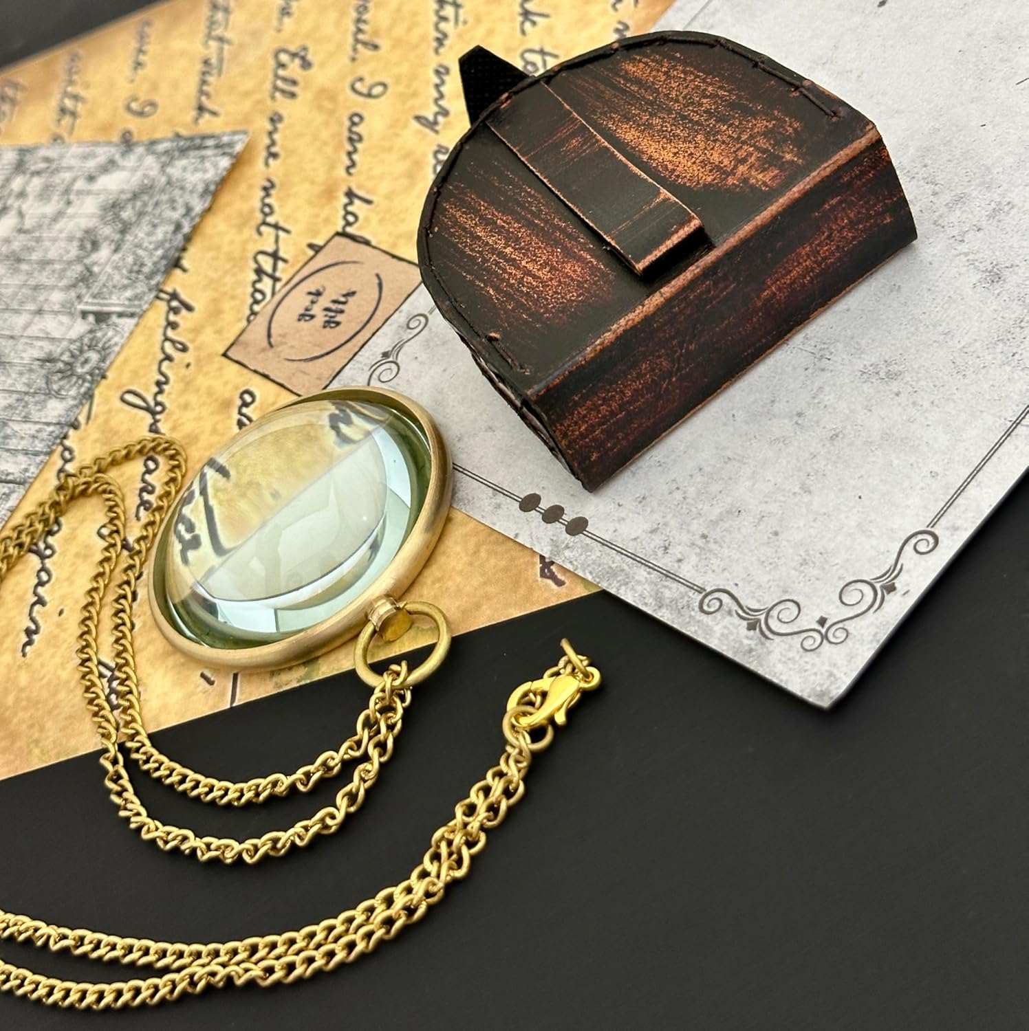 Brass Pendant Magnifier 1" with Domed Lens and Leather Case view 2